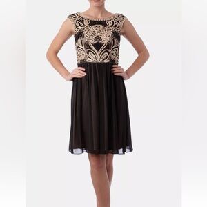 Sue Wong Demask Bateu Neckline Knee Length Black Cocktail Dress Sz 0